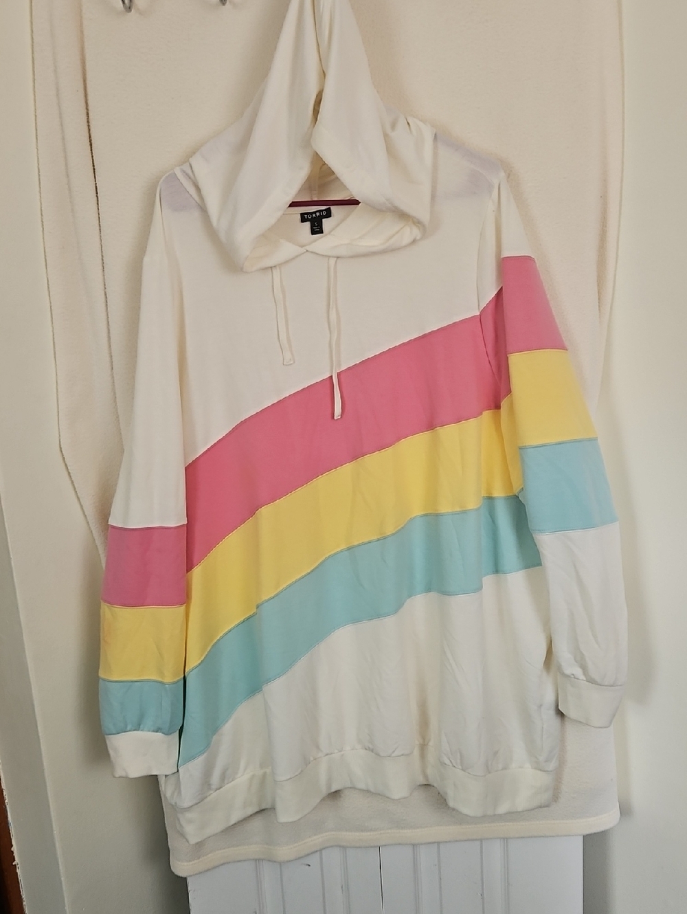 torrid Cream Hoodie Sweater with Pink, Yellow & Light Blue Diagonal Stripes